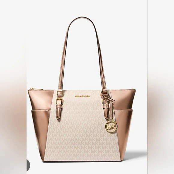 NWT Michael Kors Charlotte Signature Logo Metallic Tote Bag - Picture 1 of 10